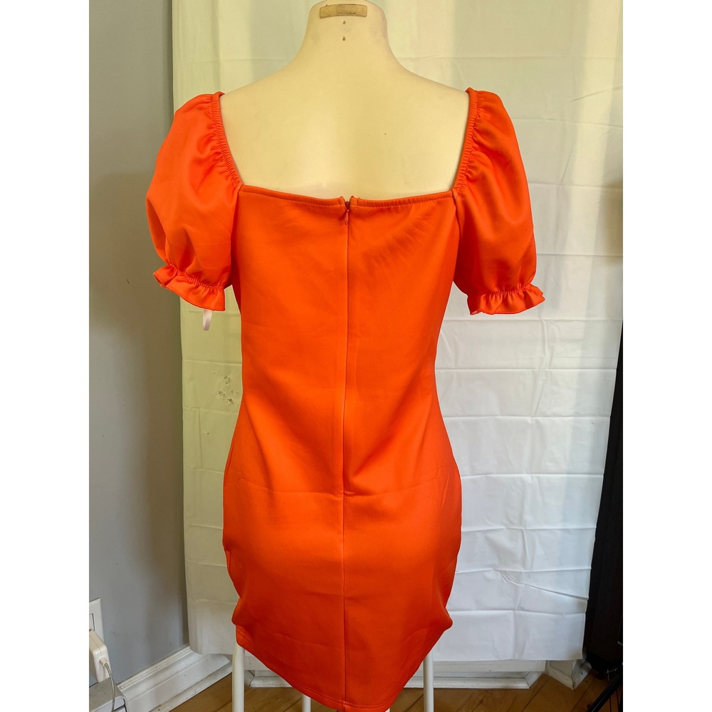 Orange Tropical Graphic Bustier Mini Dress Puff Sleeve Sweetheart Neck Bodycon - Picture 5 of 8